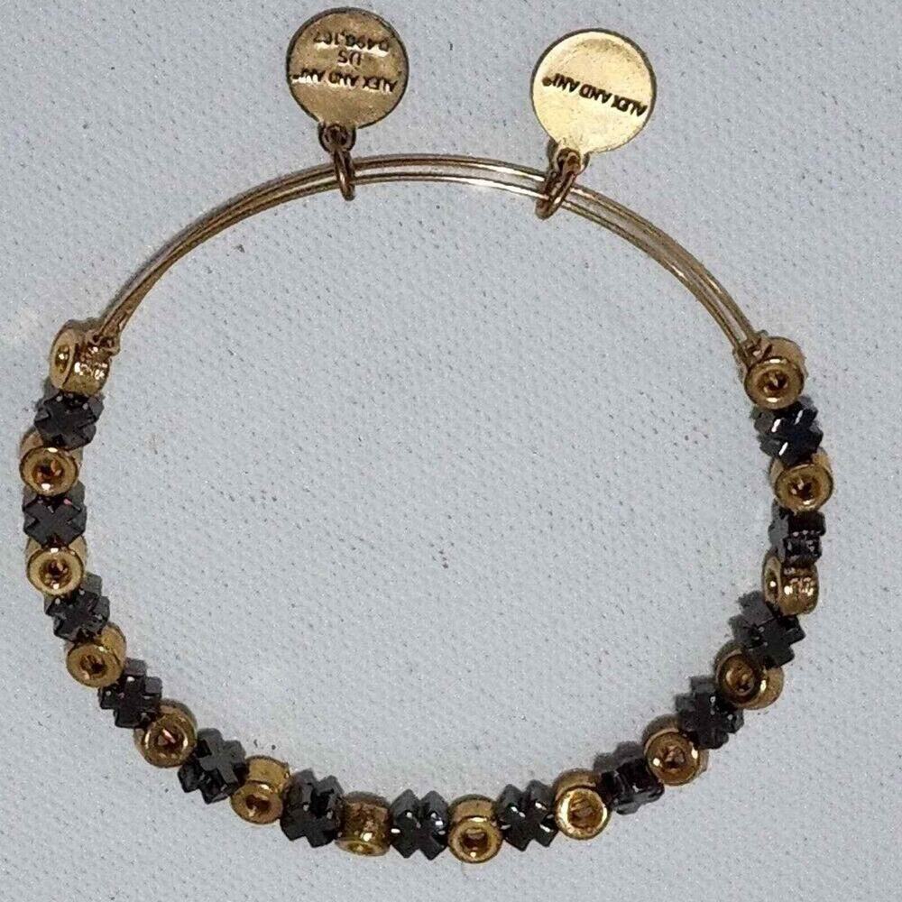 Alex and Ani Gold Tone Hematite Cross Expandable Wire Bangle Bracelet
